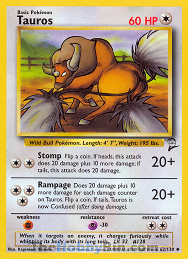 Tauros #62/130 Uncommon - Base Set 2 Pokemon card