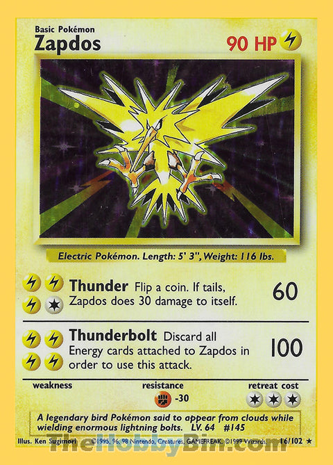 Zapdos Base Set Unlimited  Holo Rare #16/102