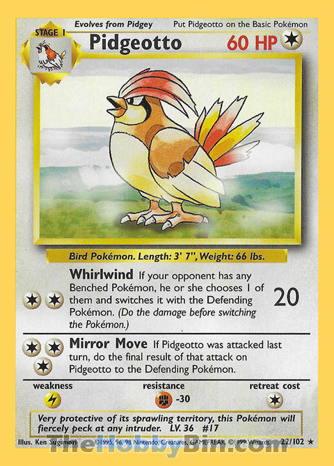 Pidgeotto Base Set Unlimited  Rare #22/102