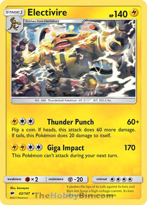 Electivire #43/147 Rare - Burning Shadows Pokemon card