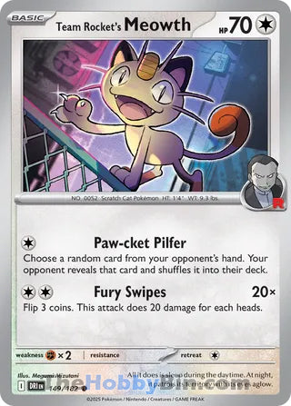 Team Rocket's Meowth #149/182 Common - Destined Rivals Pokemon card