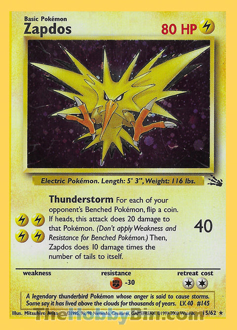 Zapdos #15/62 Holo Rare - Fossil Pokemon card