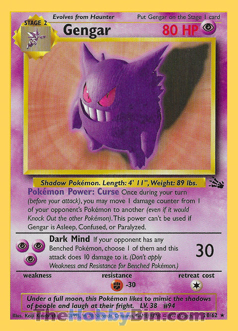 Gengar #20/62 Rare - Fossil Pokemon card