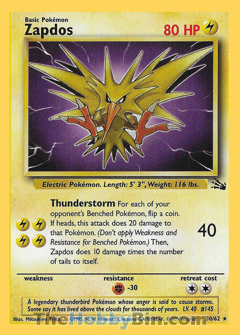 Zapdos #30/62 Rare - Fossil Pokemon card