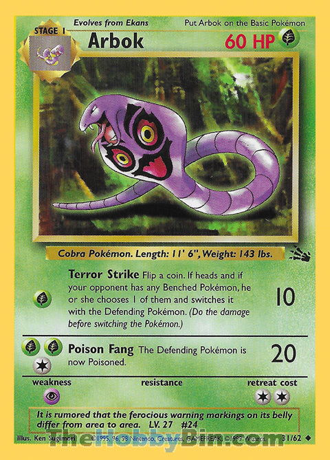 Arbok #31/62 Uncommon - Fossil Pokemon card