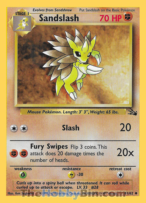 Sandslash #41/62 Uncommon - Fossil Pokemon card
