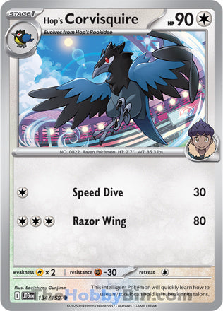 Hop's Corvisquire #134/159 Common - Journey Together Pokemon card