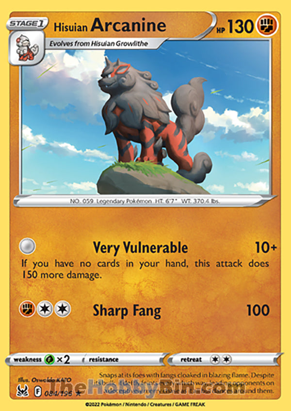 Hisuian Arcanine #84/196 Holo Rare - Lost Origin Pokemon card