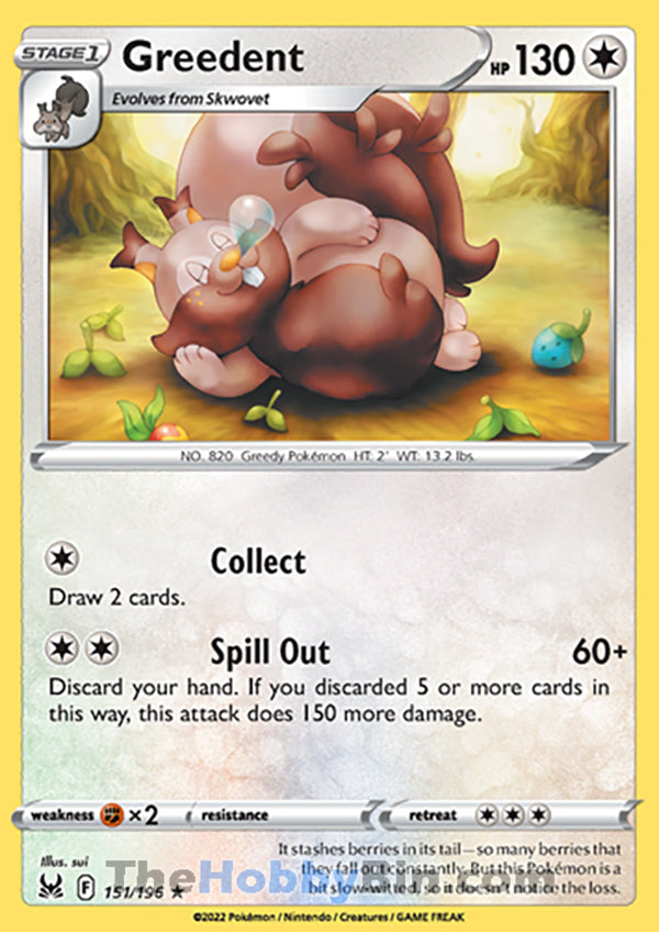 Greedent #151/196 Rare - Lost Origin Pokemon card