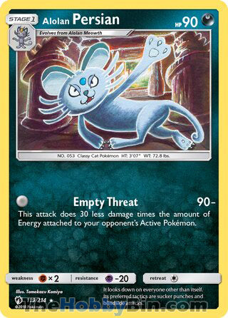Alolan Persian #119/214 Rare - Lost Thunder Pokemon card