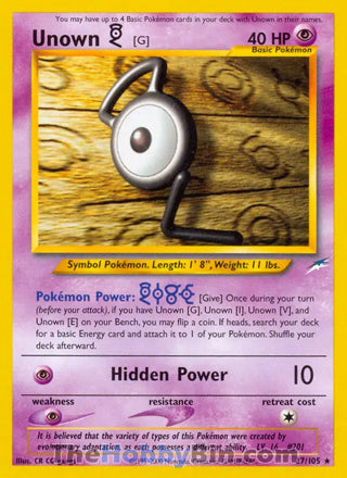 Unown [G] #27/105 Rare - Neo Destiny Pokemon card