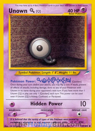 Unown [Q] #59/105 Uncommon - Neo Destiny Pokemon card