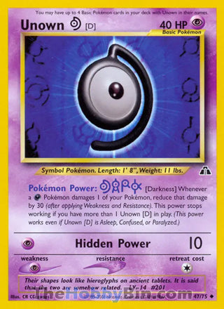 Unown [D] #47/75 Uncommon - Neo Discovery Pokemon card