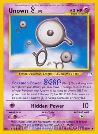 Unown [B] #39/64 Uncommon - Neo Revelation Pokemon card