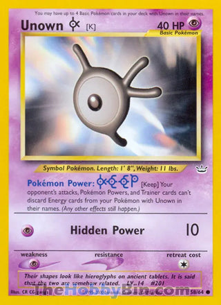 Unown [K] #58/64 Common - Neo Revelation Pokemon card
