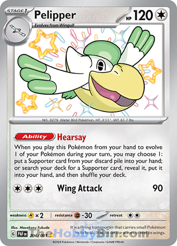 Pelipper #204/091 Shiny Rare - Paldean Fates Pokemon card