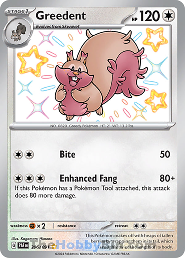 Greedent #206/091 Shiny Rare - Paldean Fates Pokemon card