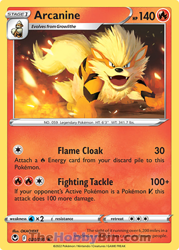 Arcanine #20/195 Rare - Silver Tempest Pokemon card