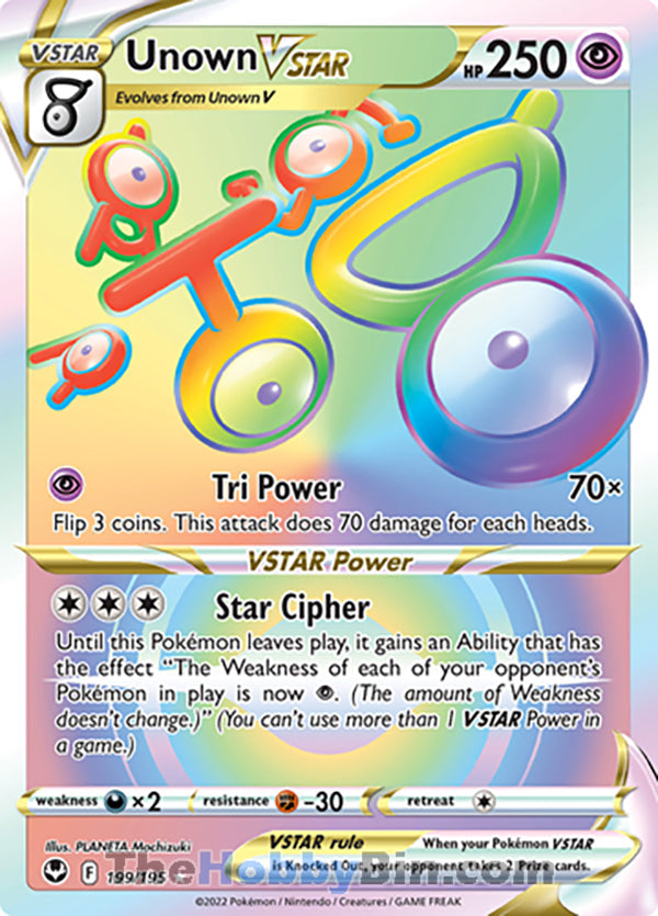 Unown VSTAR #199/195 Rainbow Secret Rare - Silver Tempest Pokemon card