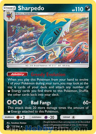 Sharpedo #111/214 Rare - Unbroken Bonds Pokemon card