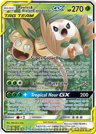 Rowlet & Alolan Exeggutor GX #1/236 Ultra Rare - Unified Minds Pokemon card