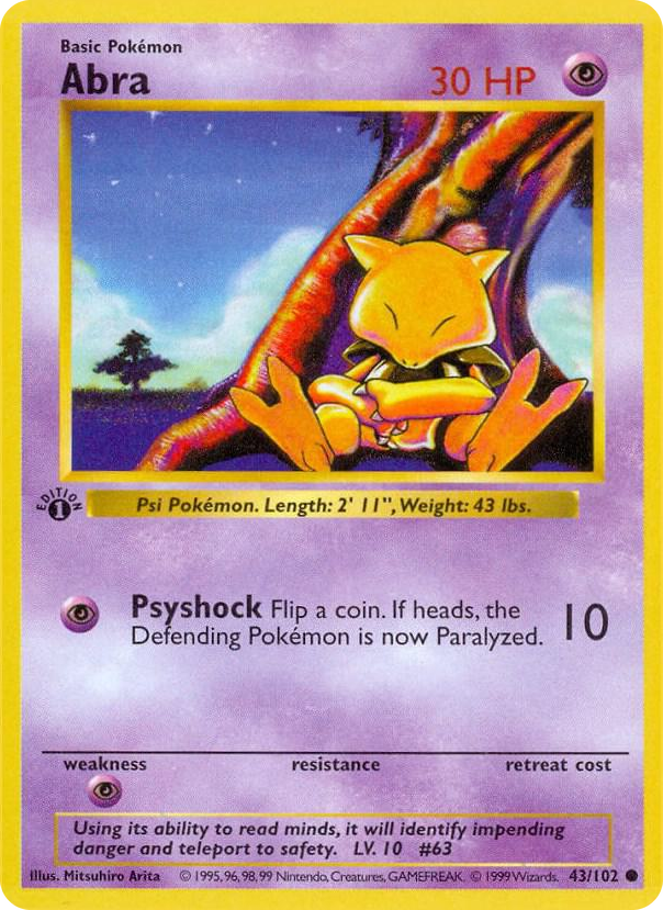 Abra #43 Common - Base Set (Shadowless) Pokemon card