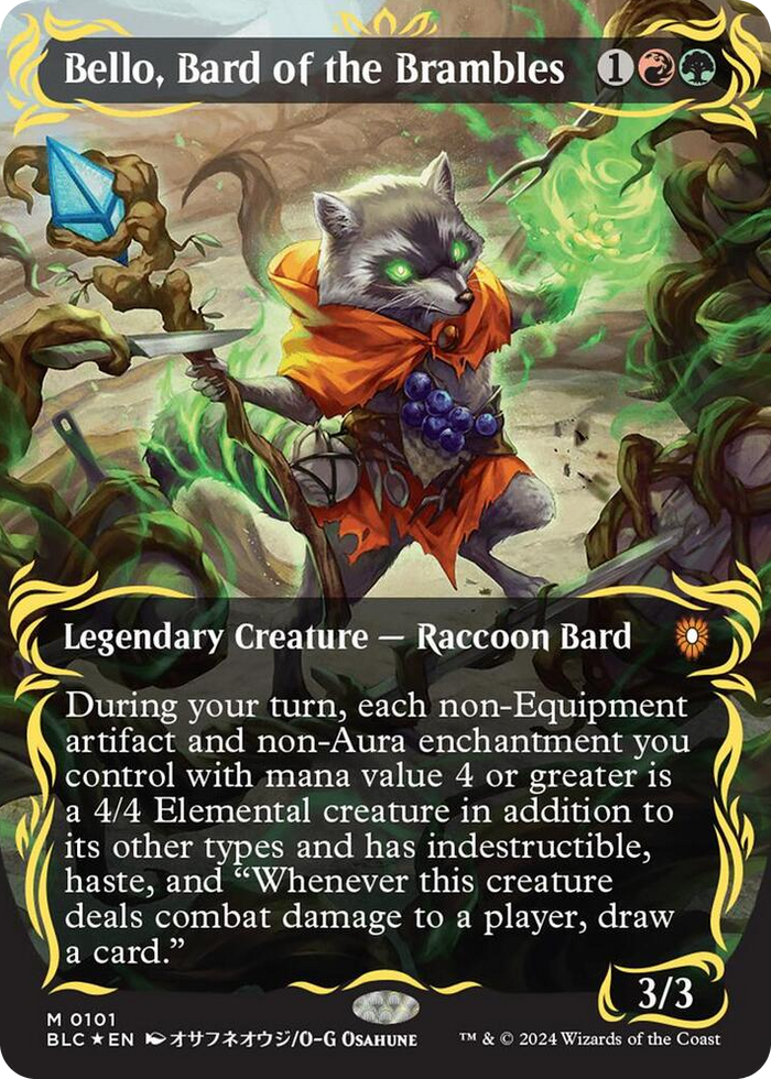 Bello, Bard of the Brambles (Borderless) (Raised Foil) #101 M - Commander: Bloomburrow Pokemon card