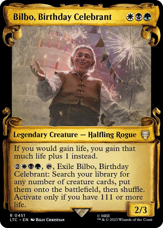 Bilbo, Birthday Celebrant (Showcase Scrolls) #451 R - Commander: The Lord of the Rings: Tales of Middle-earth Pokemon card