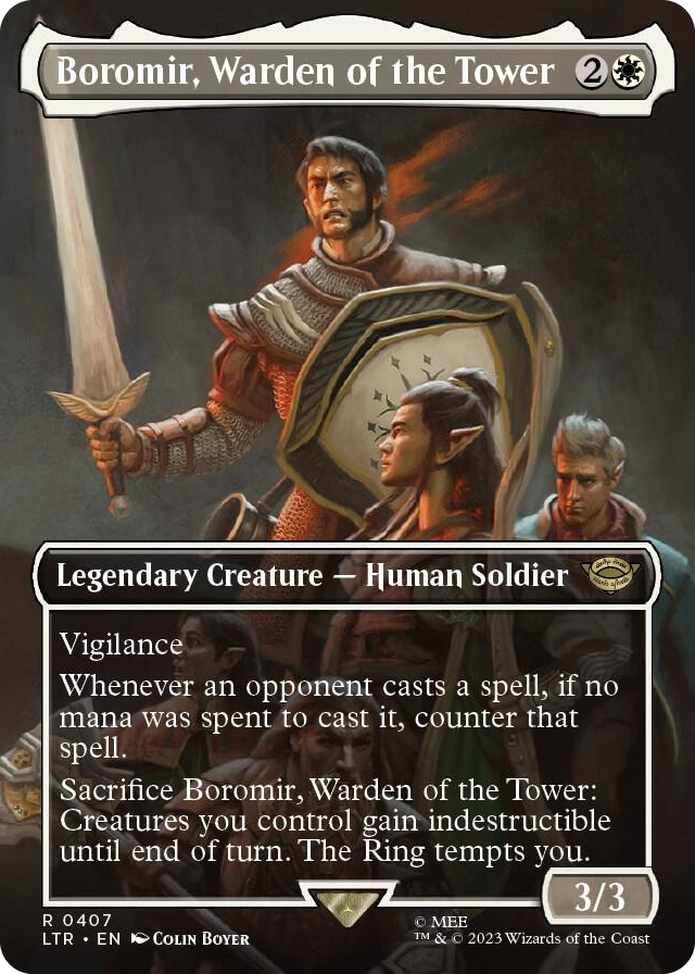Boromir, Warden of the Tower (Borderless) #407 R - Universes Beyond: The Lord of the Rings: Tales of Middle-earth Pokemon card