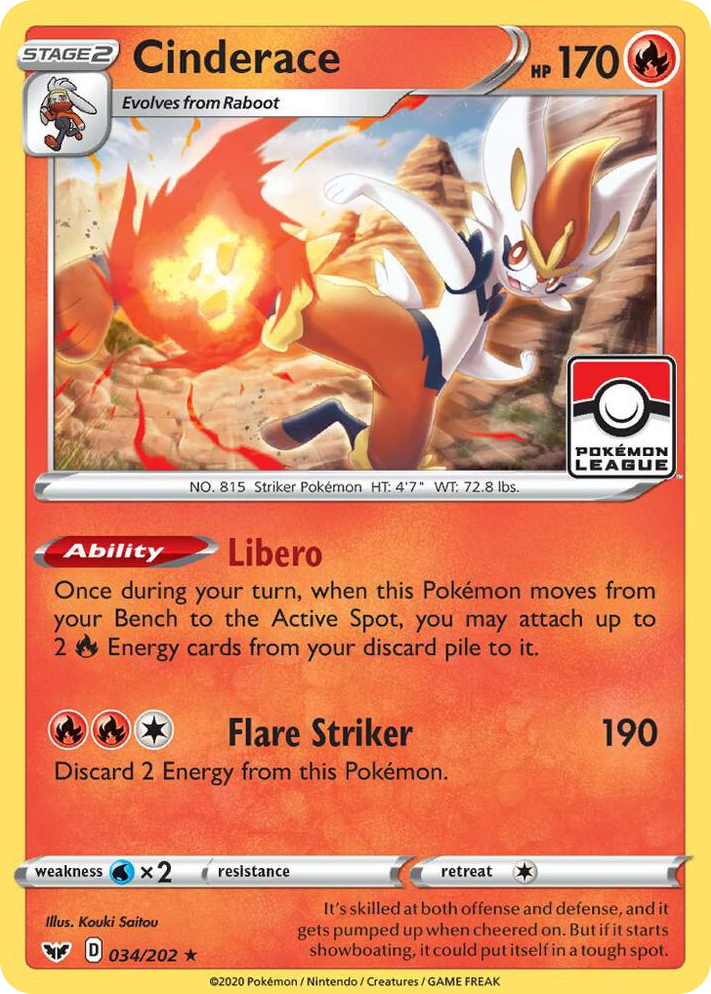 0034 Cinderace - 034/202 (Pokemon League) Promo League & Championship Cards