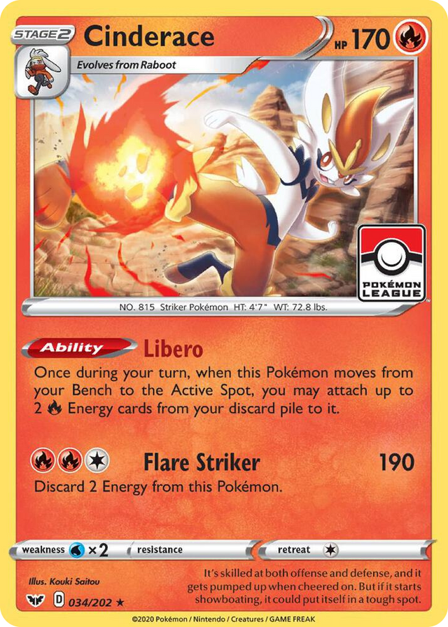 0034 Cinderace - 034/202 (Pokemon League) Promo League & Championship Cards