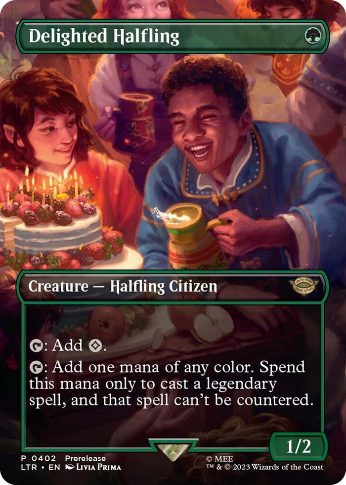 Delighted Halfling (Borderless) #402 P - Universes Beyond: The Lord of the Rings: Tales of Middle-earth Pokemon card