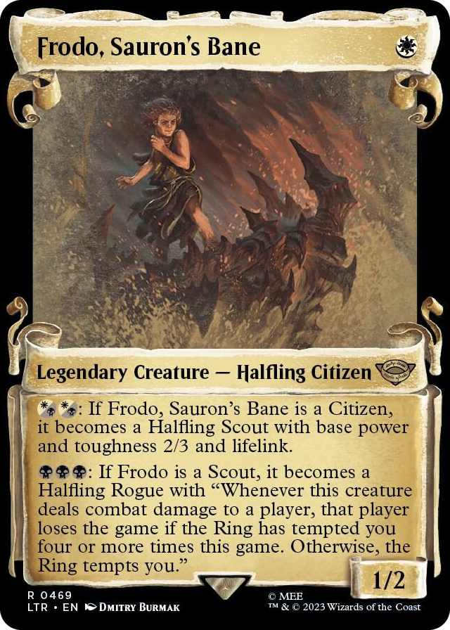Frodo, Sauron's Bane (Showcase Scrolls) #469 R - Universes Beyond: The Lord of the Rings: Tales of Middle-earth Pokemon card