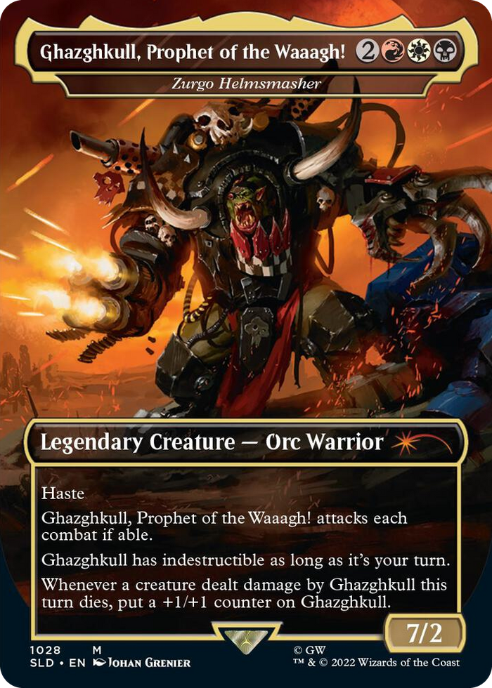 Ghazghkull, Prophet of the Waaagh! - Zurgo Helmsmasher (Borderless) #1028 M - Secret Lair Drop Series Pokemon card