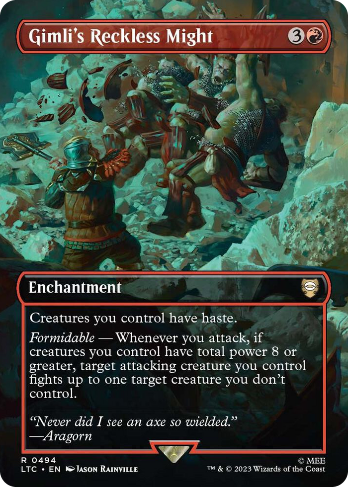 Gimli's Reckless Might (Borderless) #494 R - Commander: The Lord of the Rings: Tales of Middle-earth Pokemon card