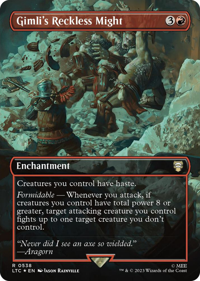 Gimli's Reckless Might (Borderless) (Surge Foil) #538 R - Commander: The Lord of the Rings: Tales of Middle-earth Pokemon card