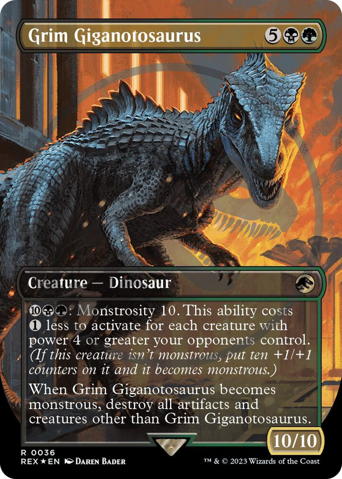 Grim Giganotosaurus (Borderless) (Emblem) #36 R - Universes Beyond: Jurassic World Collection Pokemon card