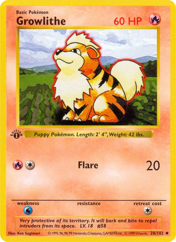 Growlithe #28 Uncommon - Base Set (Shadowless) Pokemon card