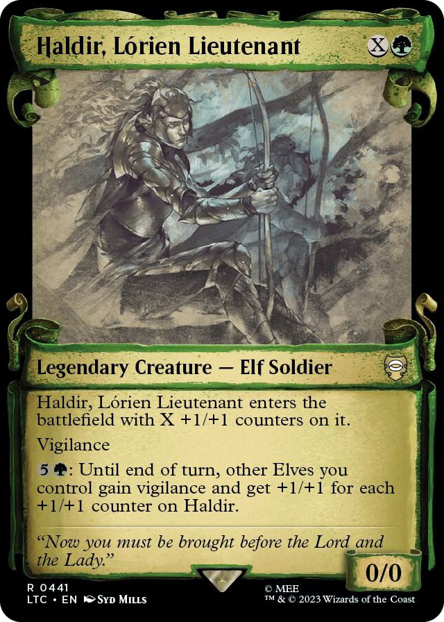 Haldir, Lorien Lieutenant (Showcase Scrolls) #441 R - Commander: The Lord of the Rings: Tales of Middle-earth Pokemon card