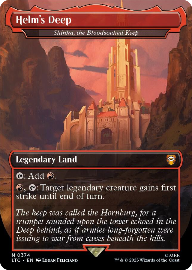 Helm's Deep - Shinka, the Bloodsoaked Keep (Borderless) #374 M - Commander: The Lord of the Rings: Tales of Middle-earth Pokemon card
