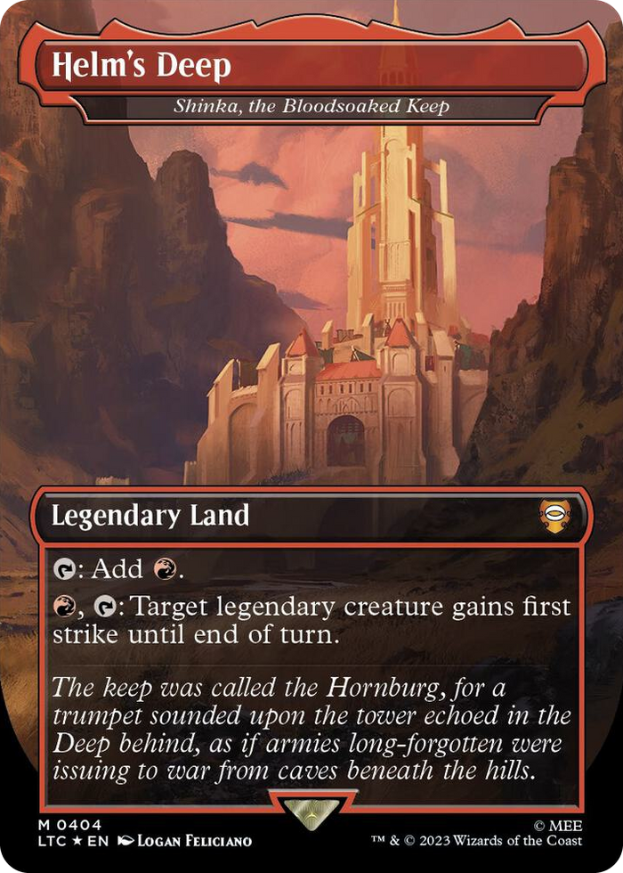 Helm's Deep - Shinka, the Bloodsoaked Keep (Borderless) (Surge Foil) #404 M - Commander: The Lord of the Rings: Tales of Middle-earth Pokemon card