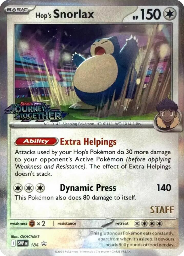 0184 Hop's Snorlax - 184 (Prerelease) [Staff] Promo Scarlet & Violet Promo Cards