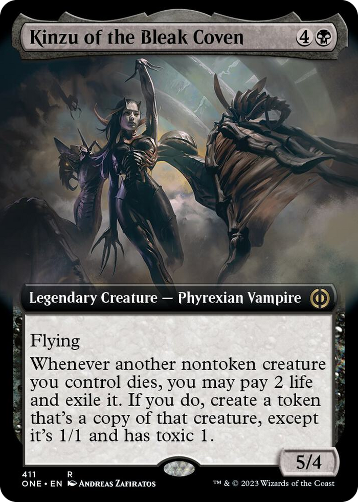 Kinzu of the Bleak Coven (Extended Art) #411 R - Phyrexia: All Will Be One Pokemon card