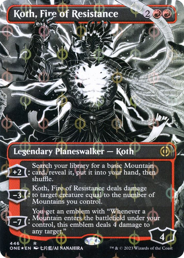 Koth, Fire of Resistance (Borderless) (Step-and-Compleat Foil) #446 R - Phyrexia: All Will Be One Pokemon card