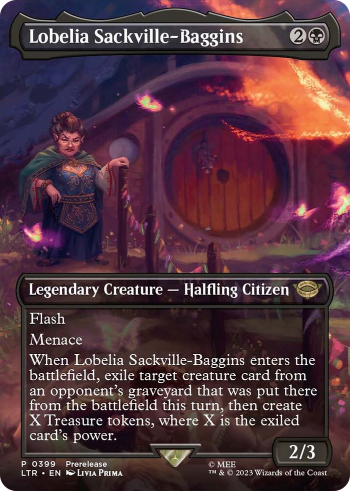 Lobelia Sackville-Baggins (Borderless) #399 P - Universes Beyond: The Lord of the Rings: Tales of Middle-earth Pokemon card