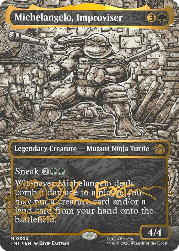 Michelangelo, Improviser (Borderless) (Gold-Stamped Signature) #304 M - Teenage Mutant Ninja Turtles Pokemon card