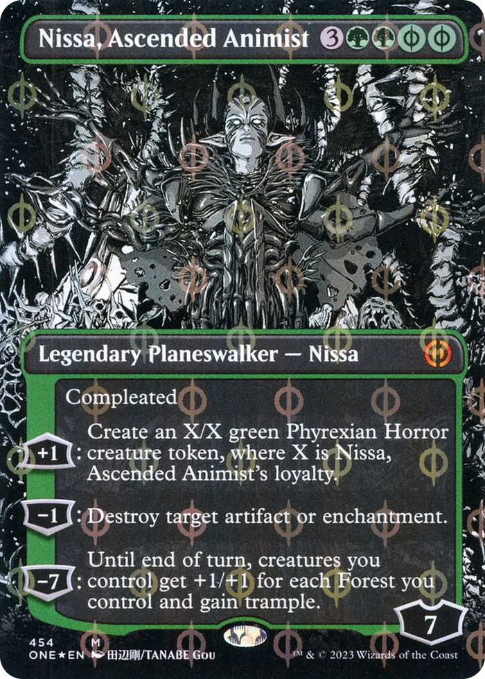 Nissa, Ascended Animist (Borderless) (Step-and-Compleat Foil) #454 M - Phyrexia: All Will Be One Pokemon card