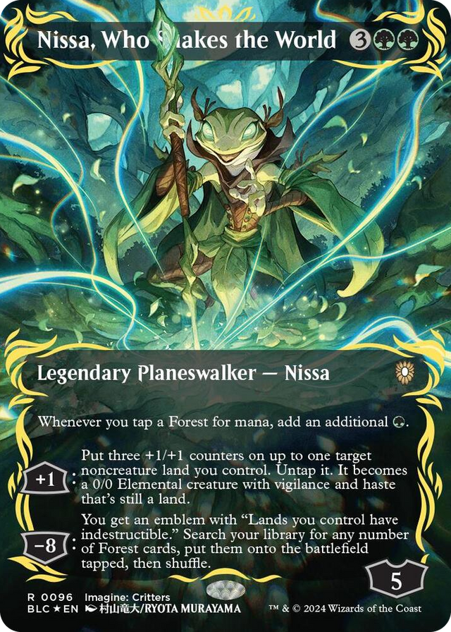 0096 Nissa, Who Shakes the World (Borderless) (Raised Foil) R Commander: Bloomburrow