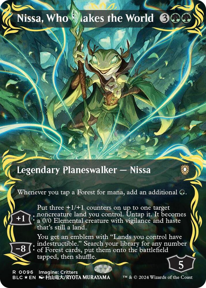 Nissa, Who Shakes the World (Borderless) (Raised Foil) #96 R - Commander: Bloomburrow Pokemon card