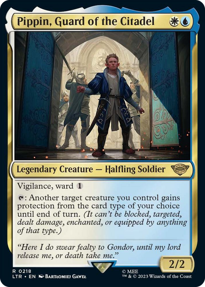 Pippin, Guard of the Citadel #218 R - Universes Beyond: The Lord of the Rings: Tales of Middle-earth Pokemon card